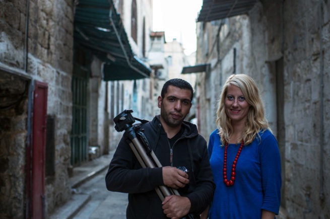 Film maker Mustafa Azizi and artist Christine Urdal in the Old City of Nablus
